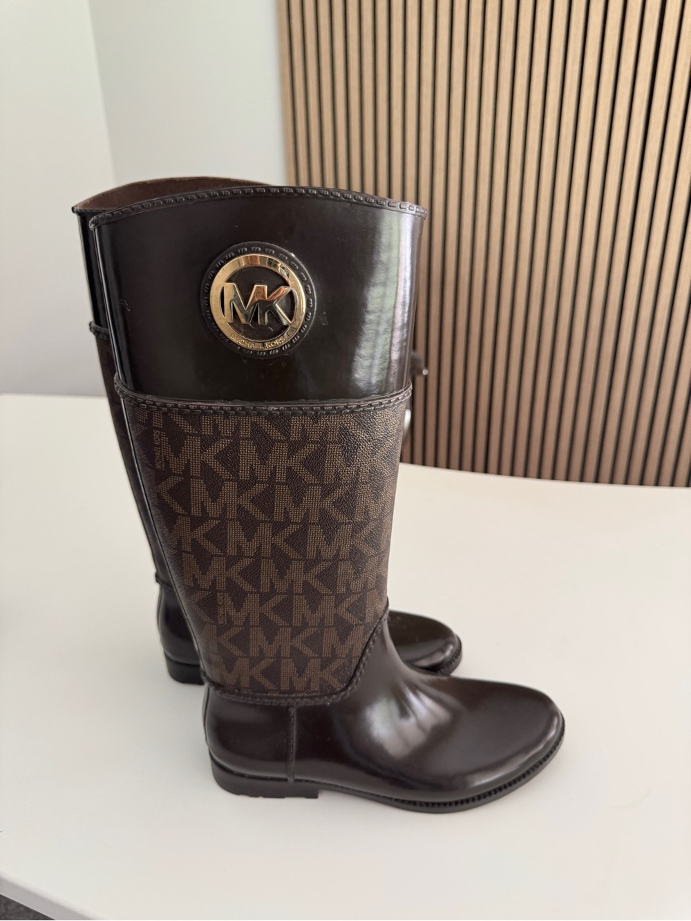 Michael Kors Brown MK Monogram Knee Boots with Gold Logo - Picture 3 of 3